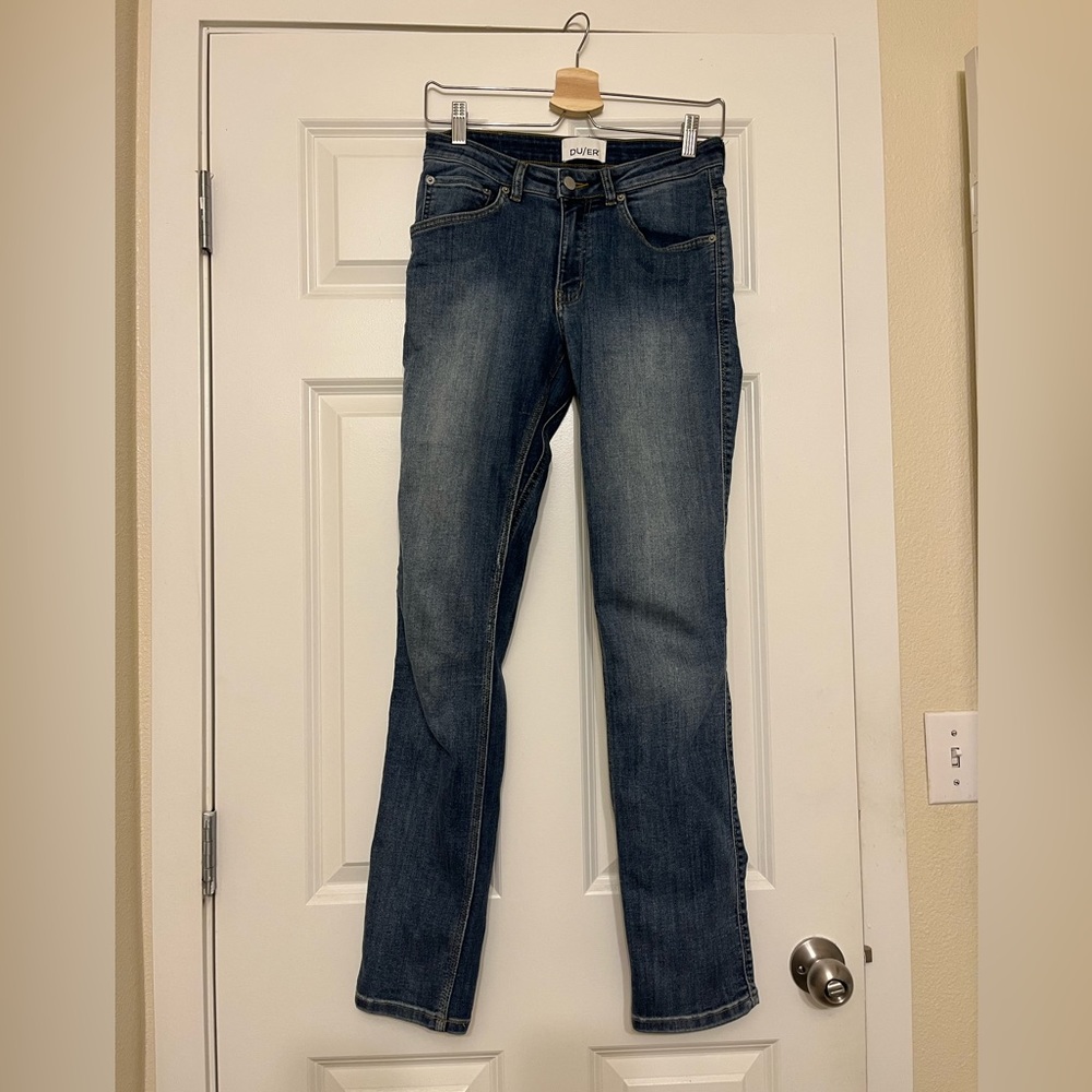 Duer Jeans- mid rise, slim straight- light stone color